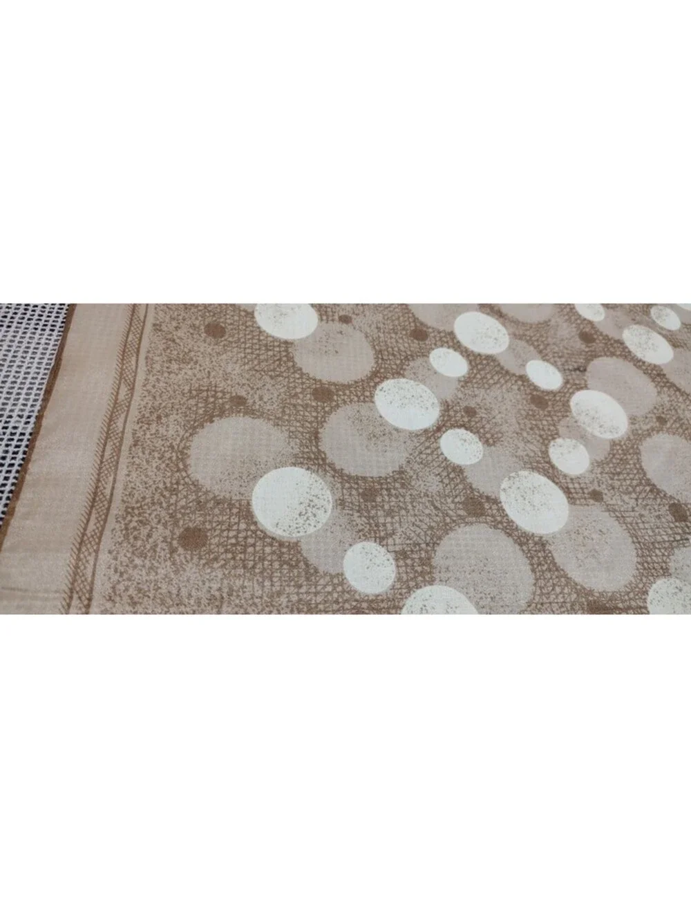 Vintage Mid Century 50s 1960s Large Scarf Silky Beige White Silkscreen Circles
